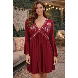 Altar'd State Umgee  Red Gauze Embroidered Flowy Dress size Medium Boho